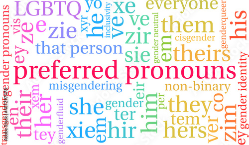 Preferred Pronouns Word Cloud on a white background.. 