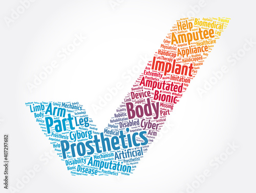 Prosthetics check mark word cloud collage, medical concept background
