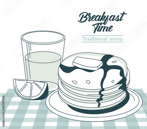breakfast time lettering in circular frame poster with orange juice and pancakes in table