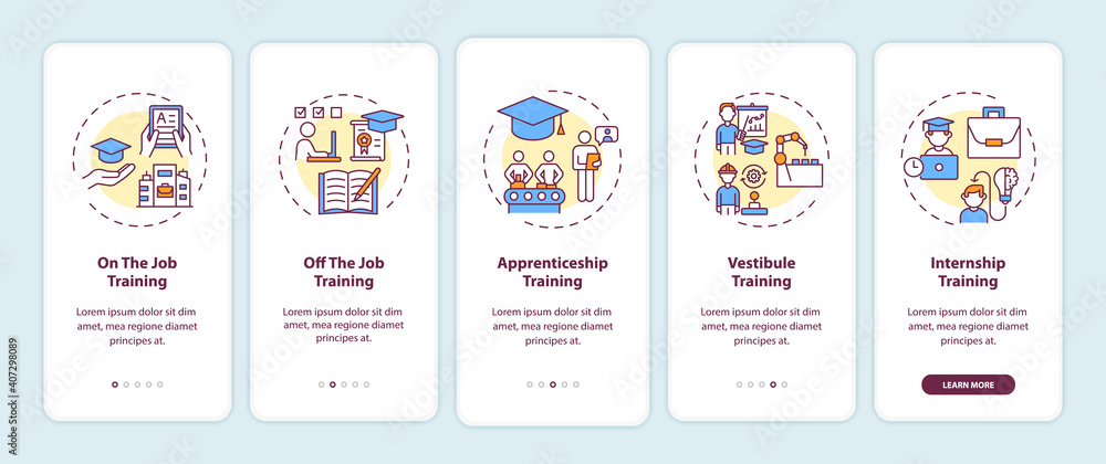 Staff training methods onboarding mobile app page screen with concepts. On-the-job and off-the-job education walkthrough 5 steps graphic instructions. UI vector template with RGB color illustrations Staff training methods onboarding mobile app page screen with concepts. On-the-job and off-the-job education walkthrough 5 steps graphic instructions. UI vector template with RGB color illustrations