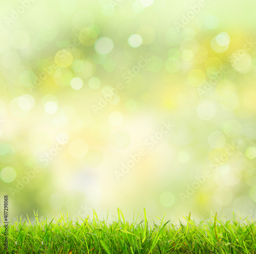 Under the bright sun. Abstract natural background with green grass and blurred bokeh park background.