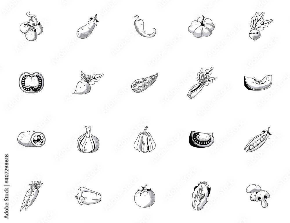 bundle of twenty vegetables set icons bundle of twenty vegetables set icons