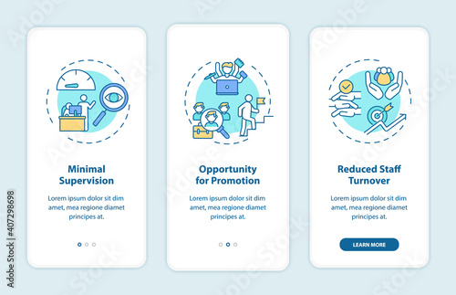 Staff training advantages onboarding mobile app page screen with concepts. Minimal supervision, promotion walkthrough 3 steps graphic instructions. UI vector template with RGB color illustrations