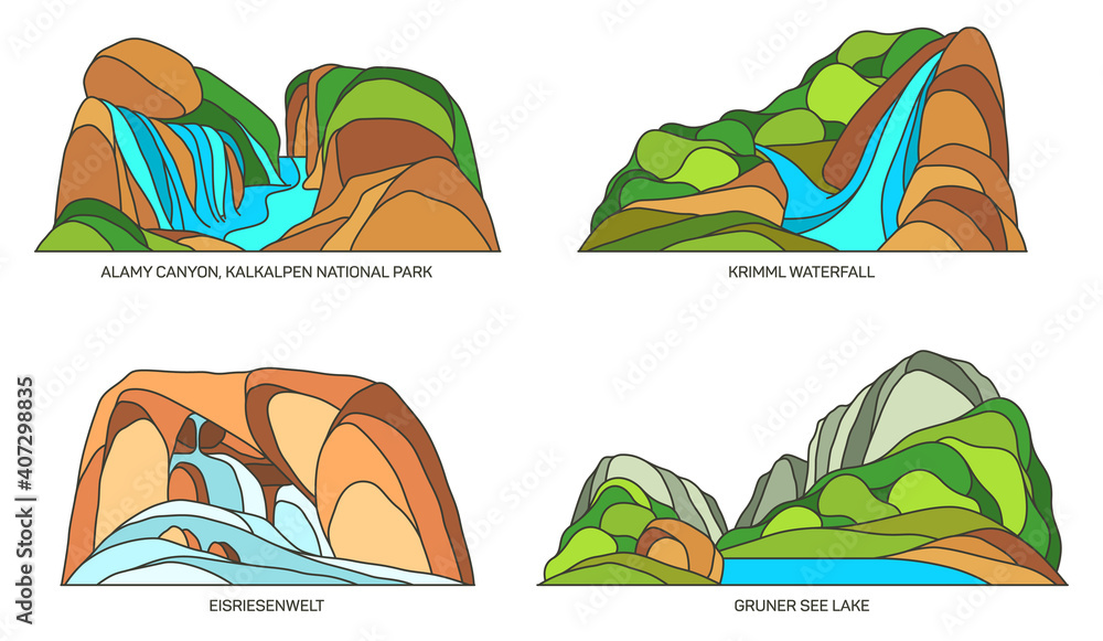 Naklejka premium Set of Austria landmarks national parks, landscape