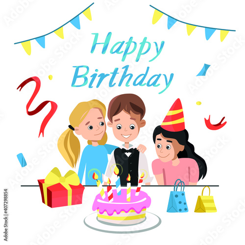 baby birthday card with cake and characters