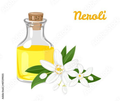 neroli, essential oil, glass, bottle, flower, isolated, white, vector, illustration, cartoon, flat, massage, bud, bathing, care, herbal, beauty, essence, scent, vial, flacon, natural, relaxation, smel