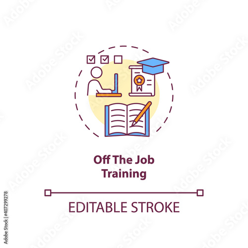 Off-the-job training concept icon. Staff development method idea thin line illustration. Online and distance learning. Evening classes. Vector isolated outline RGB color drawing. Editable stroke