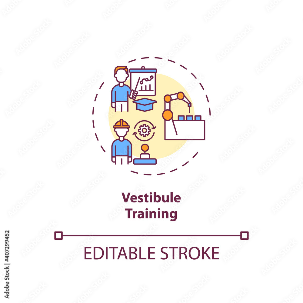 Vestibule training concept icon. Spending time learning in special section idea thin line illustration. Dealing with tools and machines. Vector isolated outline RGB color drawing. Editable stroke