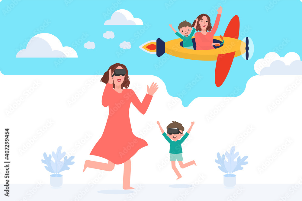 Concept people using VR headsets at home. Woman and kid looking to VR technology for an escape. Happy family day. Boy play game at home. Measure safety from corona virus. Flat Sign and symbol. Vector