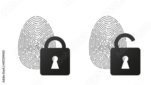 Fingerprints with closed and open lock. User identification contour lines individuality and biometric security with unlocked access trace taking fingerprints scene vector crime.