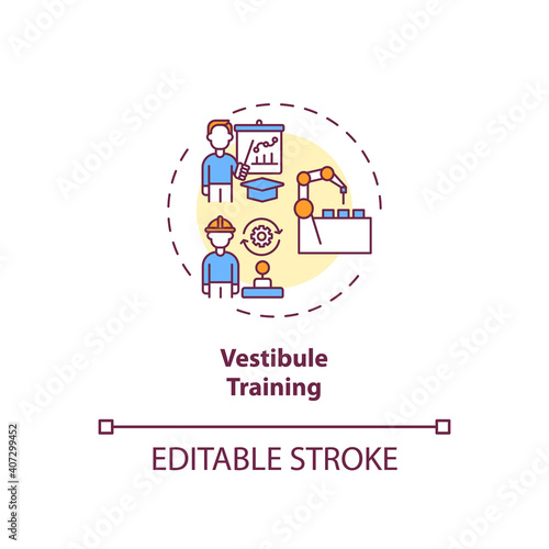 Vestibule training concept icon. Spending time learning in special section idea thin line illustration. Dealing with tools and machines. Vector isolated outline RGB color drawing. Editable stroke