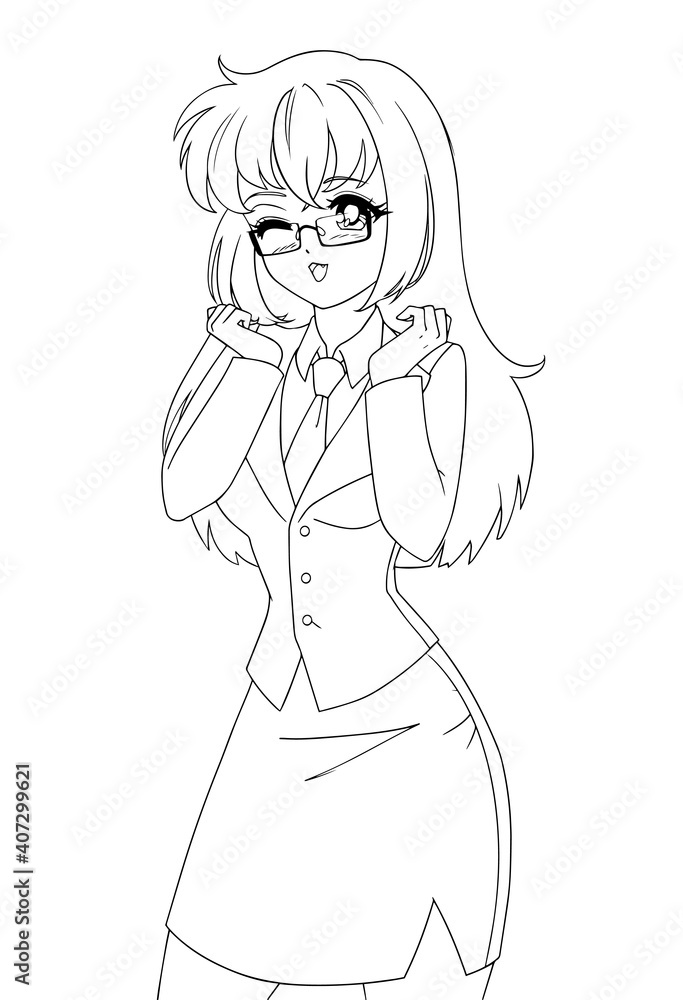 Cute anime manga girl wearing office suit isolated on white background. Cute anime manga girl wearing office suit isolated on white background.