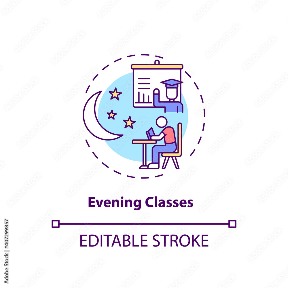 Evening classes concept icon. Staff training type idea thin line illustration. Attending night school. Education courses for adults. Vector isolated outline RGB color drawing. Editable stroke
