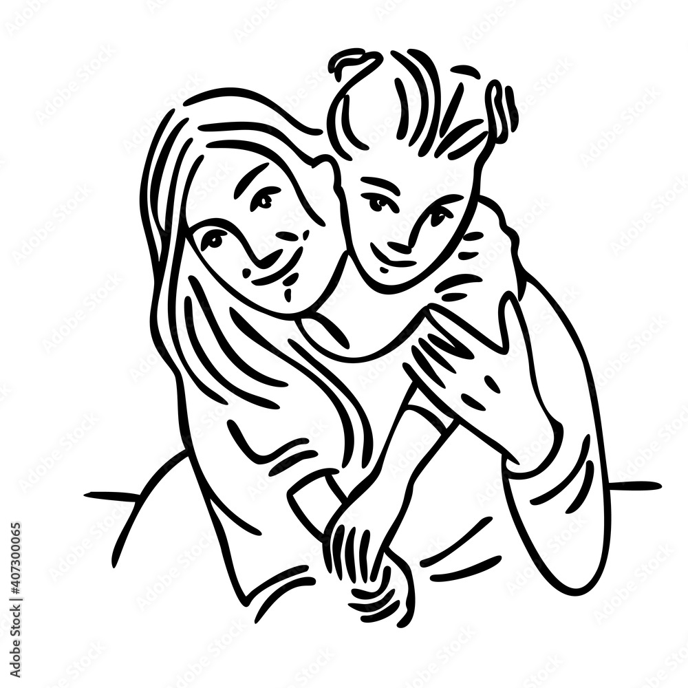 Fototapeta premium Happy mother and daughter embrace. vector sketch, isolated on a white background, hand-drawn face line art. Black and white graphics. International Mother's Day