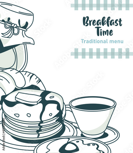 breakfast time lettering poster with set ingredients