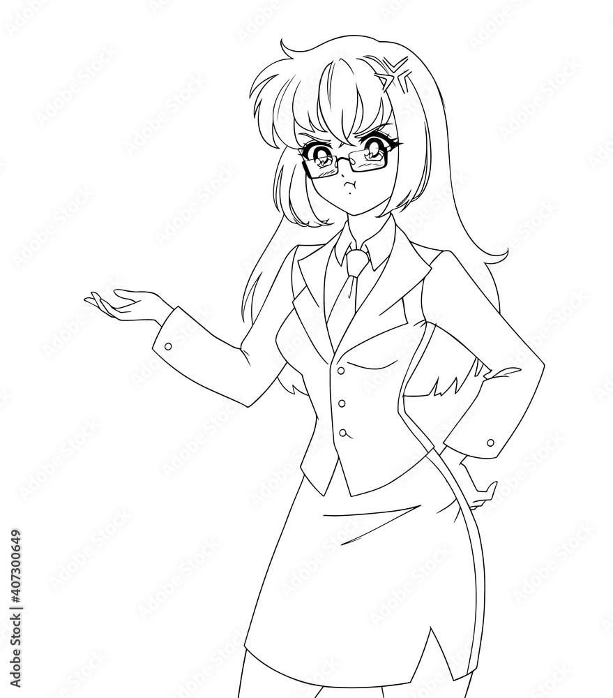 Cute anime manga girl wearing office suit isolated on white background. Cute anime manga girl wearing office suit isolated on white background.