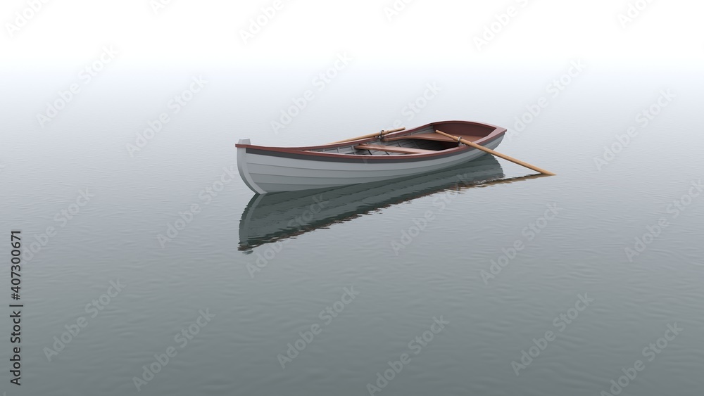Empty wooden boat with weights in the middle of the lake. 3d render Empty wooden boat with weights in the middle of the lake. 3d render