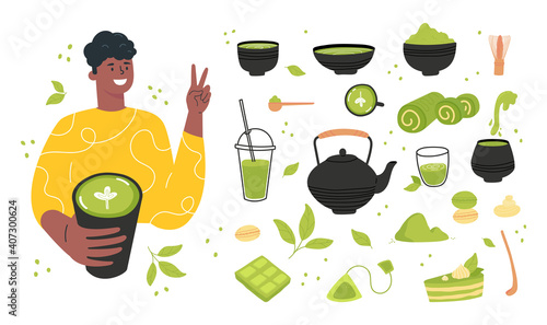 Green matcha tea serve and drink by a young man. Matcha latte healthy drink. Various tea products made from matcha. Japanese tea culture. Hand drawn vector colored trendy illustration. 
