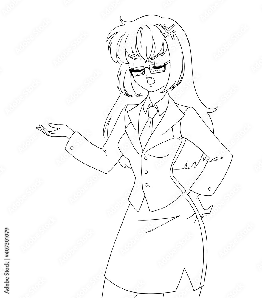 Cute anime manga girl wearing office suit isolated on white background. Cute anime manga girl wearing office suit isolated on white background.