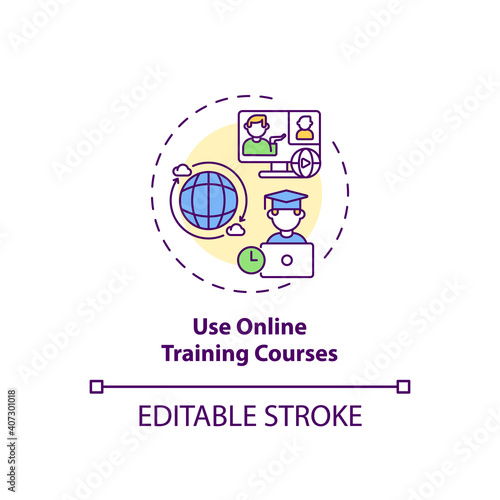 Using online training courses concept icon. Staff reboarding tip idea thin line illustration. Flexible schedule, environment. Online classes. Vector isolated outline RGB color drawing. Editable stroke