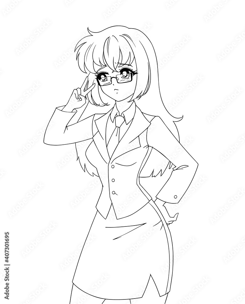 Cute anime manga girl wearing office suit isolated on white background. Cute anime manga girl wearing office suit isolated on white background.