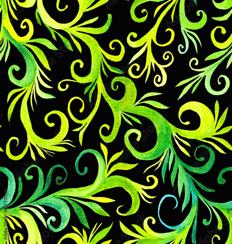 Watercolour abstract pattern in green and yellow colours on black background