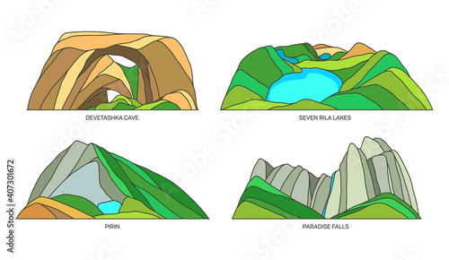 Set of Bulgaria natural landmarks, landscape icons