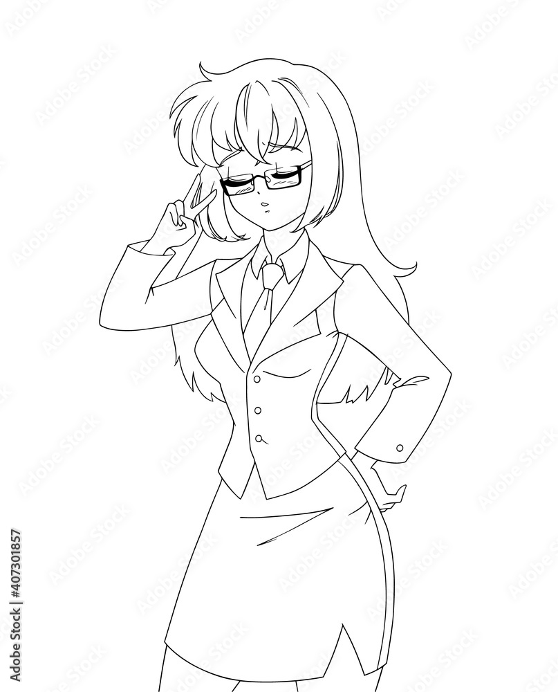 Cute anime manga girl wearing office suit isolated on white background. Cute anime manga girl wearing office suit isolated on white background.