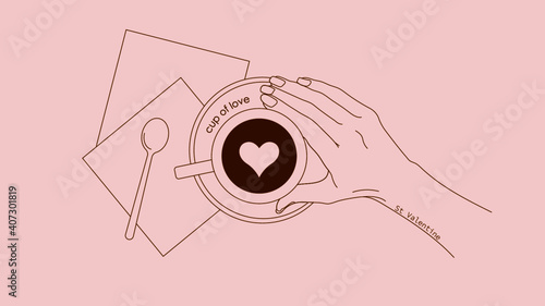 Lineart. Valentine's Day. Romantic simple art. Cup of coffee with a heart. Cup of love.