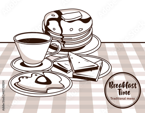 breakfast time lettering in circular frame poster with coffee and pancakes