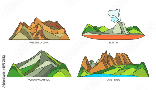 Set of Chile landmarks nature scenery, landscapes