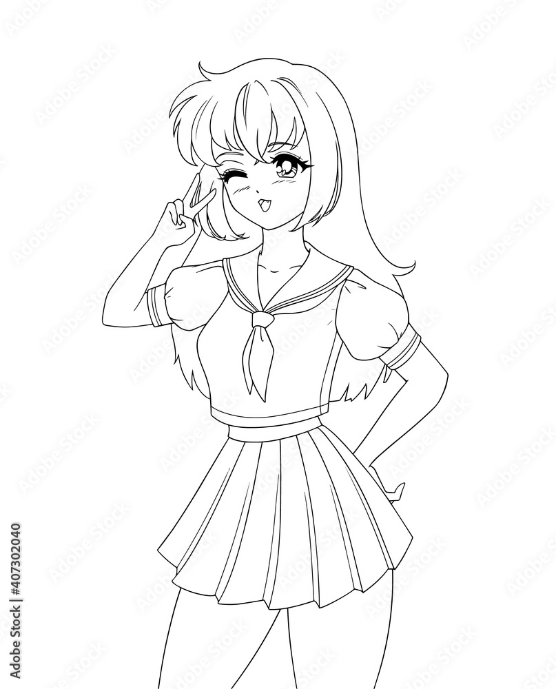 Cute anime manga girl wearing school uniform isolated on white background.