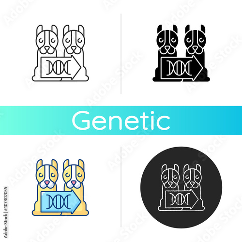 Cloning icon. Laboratory scientific reproduction. Animal DNA data coping. Biology research and experiment. Life evolution. Linear black and RGB color styles. Isolated vector illustrations