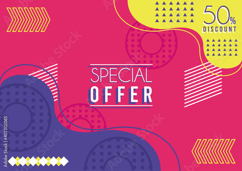 special offer lettering in mix colors memphis background