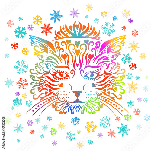 The cat's face is multicolored. The snowflakes are rainbow. Vector illustration