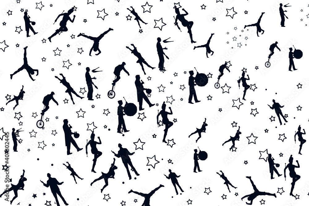 Circus artist pattern in black and white with stars.