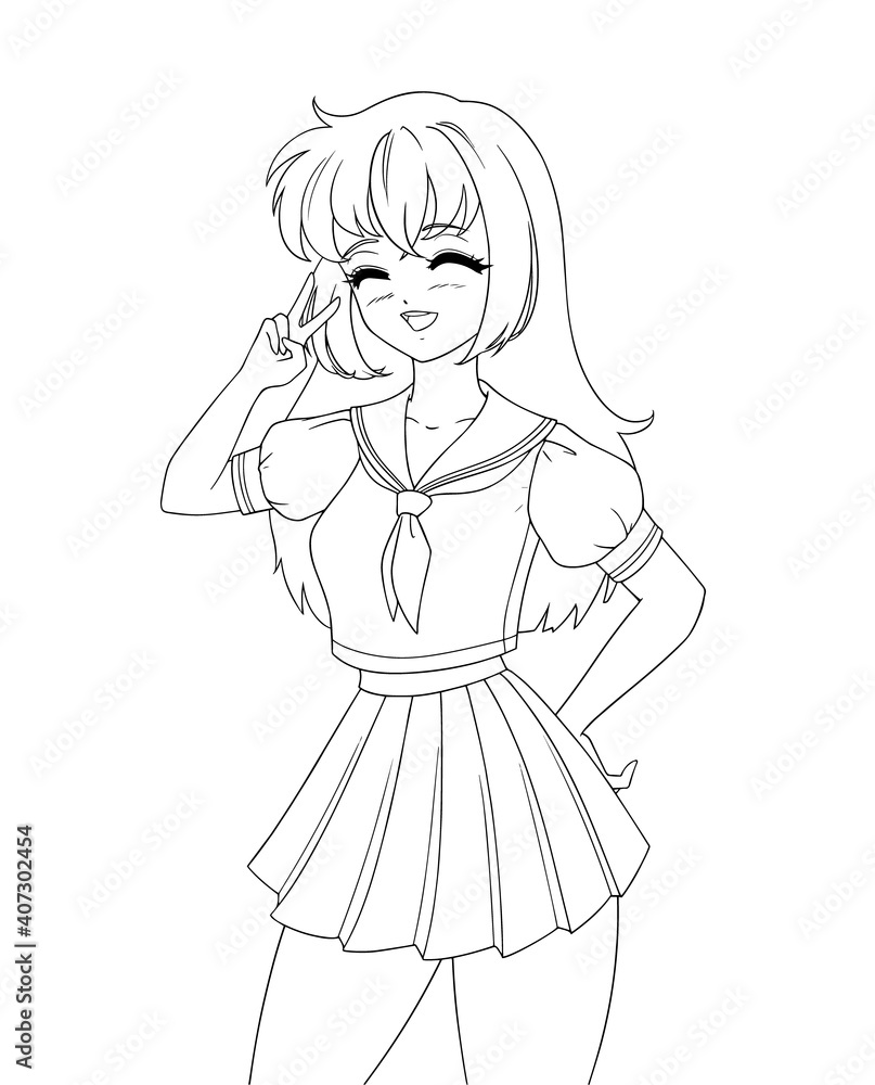 Cute anime manga girl wearing school uniform isolated on white background. Cute anime manga girl wearing school uniform isolated on white background.