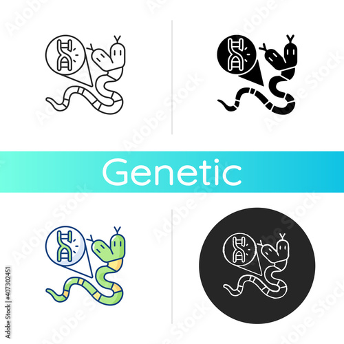 Genetic mutation icon. Genome sequence with damage. Gene manipulation. DNA structure of animal. Science experiment. Genetic engineering. Linear black and RGB color styles. Isolated vector illustration