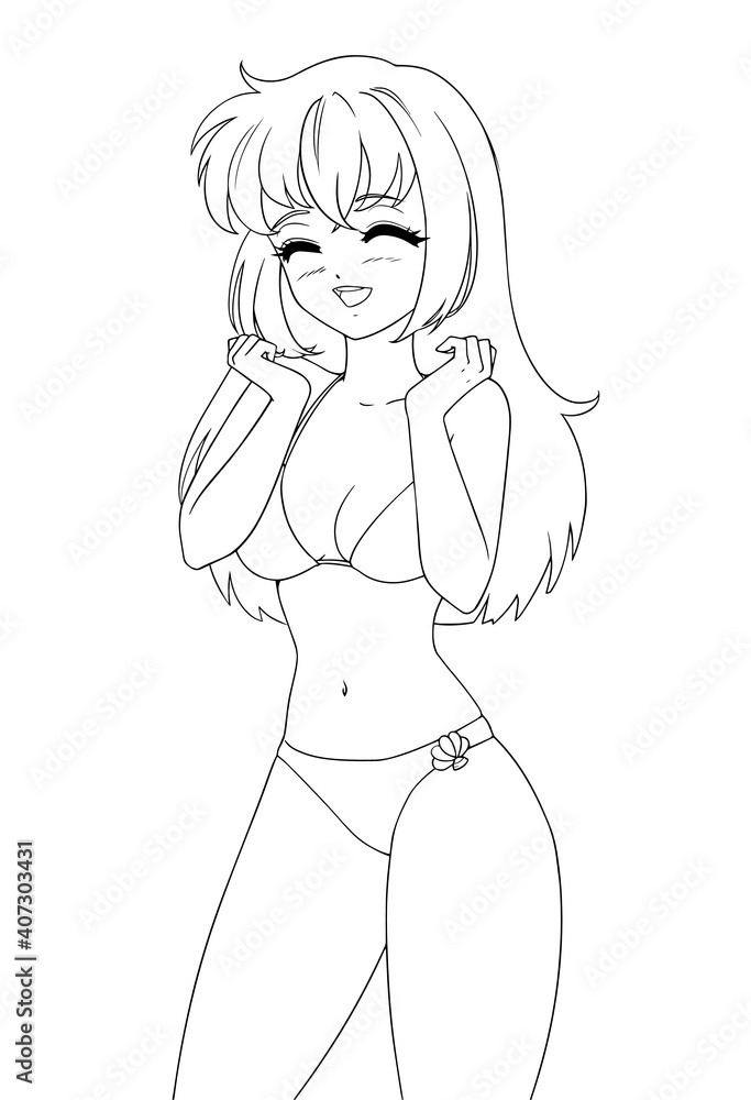 Cute anime manga girl wearing swimsuit bikini isolated on white background. Cute anime manga girl wearing swimsuit bikini isolated on white background.