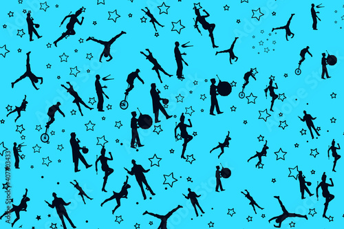 Acrobats and stars pattern background in blue and black.