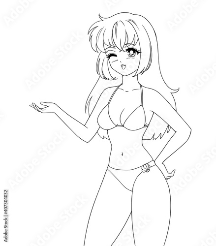 Cute anime manga girl wearing swimsuit bikini isolated on white background.