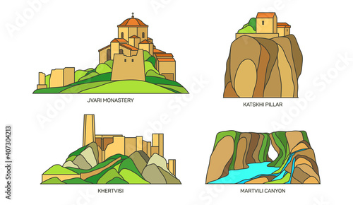 Set of Georgia travel landmarks or sightseeing