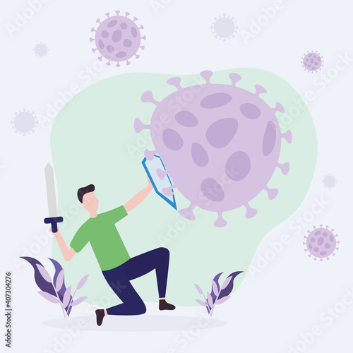 covid 19 virus fight and man with shield and sword fighting vector design