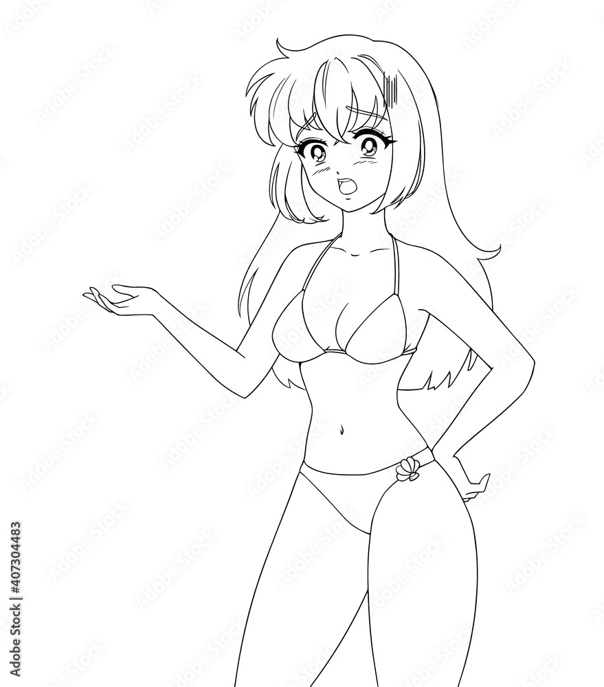 Cute anime manga girl wearing swimsuit bikini isolated on white background.