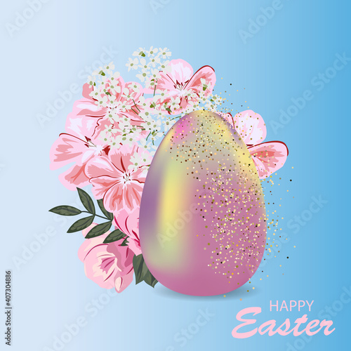 Веселой пасхи. Праздничный фон с реалистичным куриным яйцом and cute pink flowers. Vector illustration for postcards, posters, advertisements, websites.