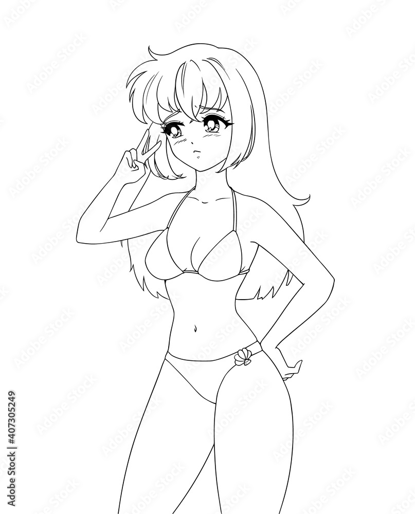 Cute anime manga girl wearing swimsuit bikini isolated on white background. Cute anime manga girl wearing swimsuit bikini isolated on white background.