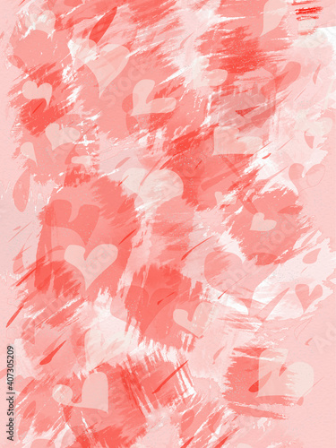 Hearts and chaotic red spots. Illustration for postcard. Drawing for gift paper for Valentine's Day.