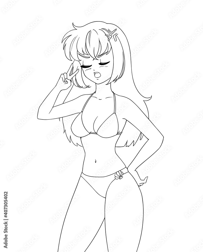 Cute anime manga girl wearing swimsuit bikini isolated on white background. Cute anime manga girl wearing swimsuit bikini isolated on white background.