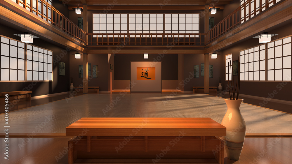 3D Illustration of a Modern Japanese Karate School or Dojo Interior