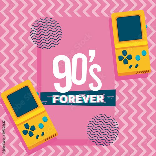 90s forever lettering with video games portables in pink background